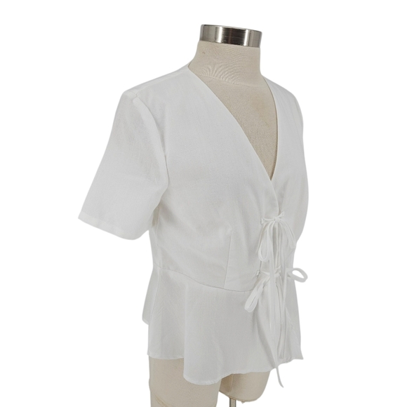 English Factory Peplum Tie Top White Short Sleeve Button V Neck Shirt Medium - Picture 2 of 5